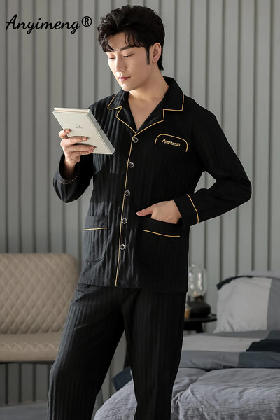 Бизнес Мъжко спално облекло за свободното време Жилетка Спално облекло за джентълмен Мъжки салонни облекла Есен Зима Комплект мека памучна пижама за мъж