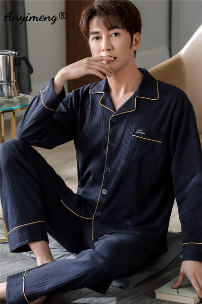 Бизнес Мъжко спално облекло за свободното време Жилетка Спално облекло за джентълмен Мъжки салонни облекла Есен Зима Комплект мека памучна пижама за мъж