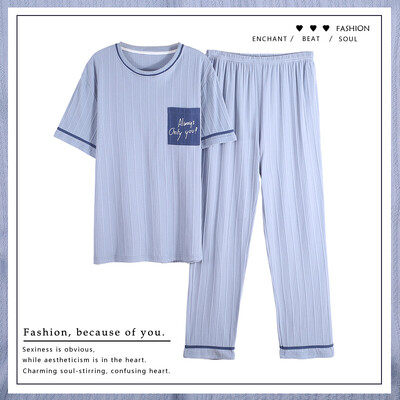 Pijamale pentru bărbați la modă L-5XL L-5XL Lenjerie de dormit pentru bărbați grasi Îmbrăcăminte pentru casă din bumbac Pjs cu mâneci scurte Pantaloni lungi Set de lounge 2023