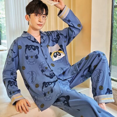 Pánske pyžamo s dlhým rukávom zo 100% bavlny na jar, jeseň, leto, tenký štýl pre stredný a seniorov