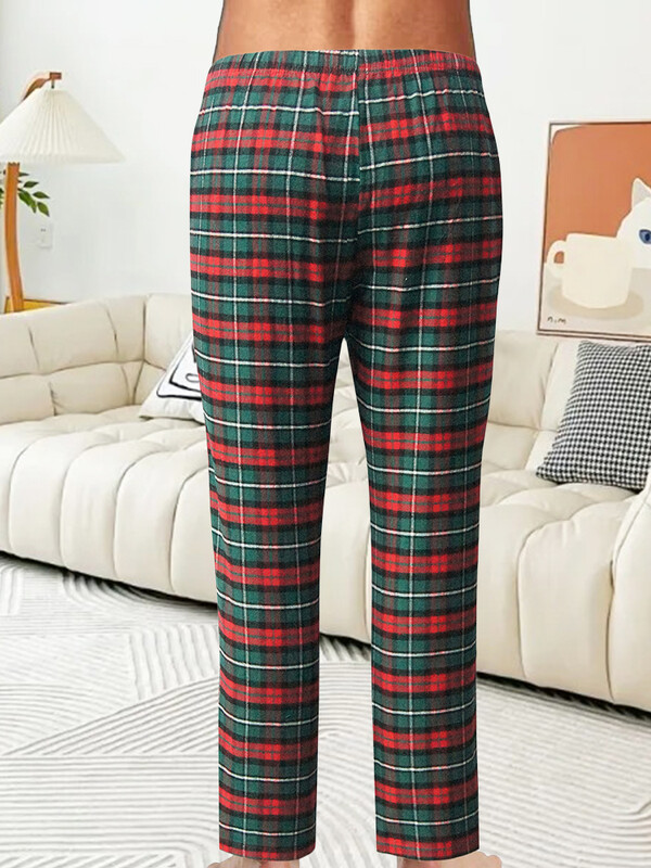 Férfi kockás pizsama nadrág divatos karácsonyi alkalmi puha kényelmes laza kockás rugalmas derék egyenes láb otthoni alkalmi nadrág