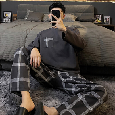 Pavasario naujos medvilnės vyriškos pižamos laisvalaikio ilgos viršutinės kelnių komplektai pižamos solidūs vyriški miegui Pižamos namų drabužiai mada Pjs Homme