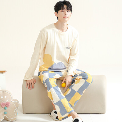 Pavasario naujos medvilnės vyriškos pižamos laisvalaikio ilgos viršutinės kelnių komplektai pižamos solidūs vyriški miegui Pižamos namų drabužiai mada Pjs Homme