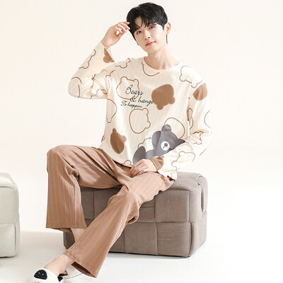 Pavasario naujos medvilnės vyriškos pižamos laisvalaikio ilgos viršutinės kelnių komplektai pižamos solidūs vyriški miegui Pižamos namų drabužiai mada Pjs Homme