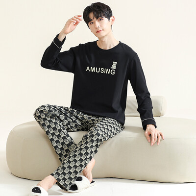 Pavasario naujos medvilnės vyriškos pižamos laisvalaikio ilgos viršutinės kelnių komplektai pižamos solidūs vyriški miegui Pižamos namų drabužiai mada Pjs Homme