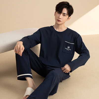 Pavasario naujos medvilnės vyriškos pižamos laisvalaikio ilgos viršutinės kelnių komplektai pižamos solidūs vyriški miegui Pižamos namų drabužiai mada Pjs Homme