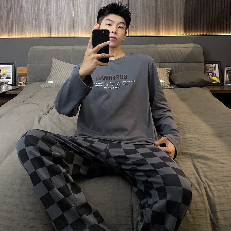 Pavasario naujos medvilnės vyriškos pižamos laisvalaikio ilgos viršutinės kelnių komplektai pižamos solidūs vyriški miegui Pižamos namų drabužiai mada Pjs Homme