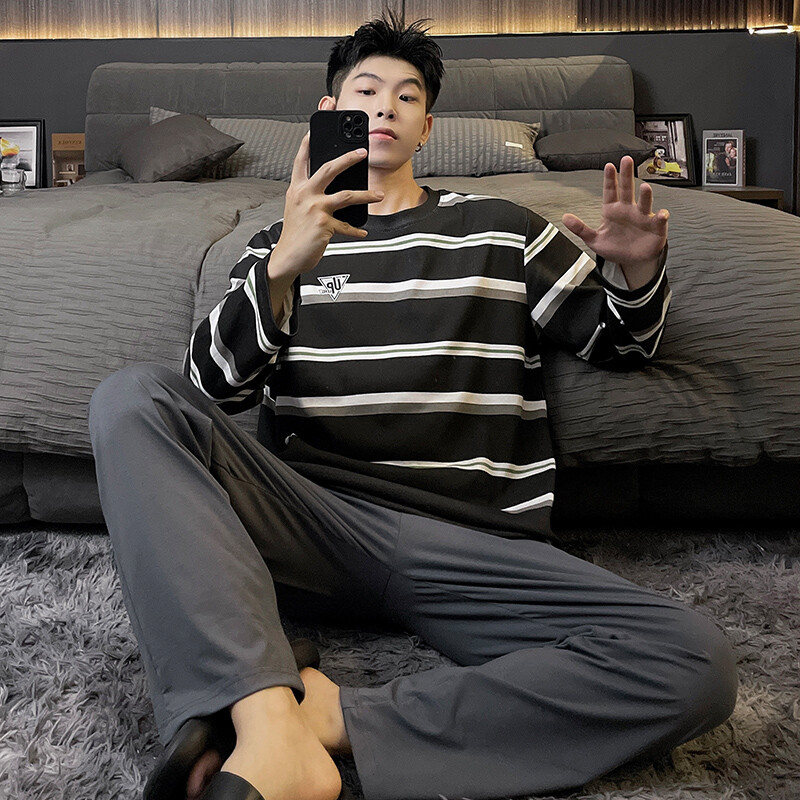 Pavasario naujos medvilnės vyriškos pižamos laisvalaikio ilgos viršutinės kelnių komplektai pižamos solidūs vyriški miegui Pižamos namų drabužiai mada Pjs Homme
