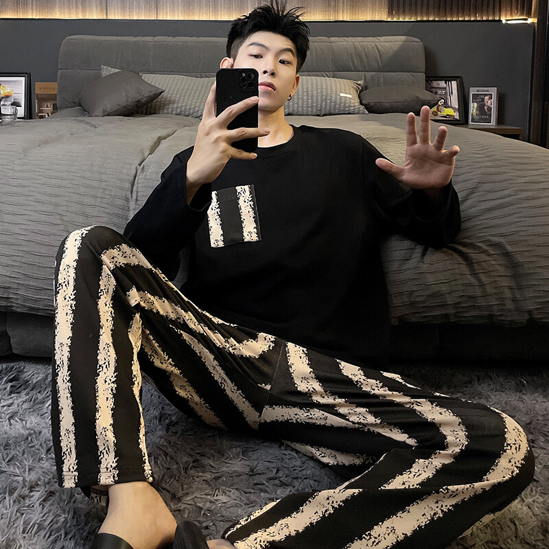 Pavasario naujos medvilnės vyriškos pižamos laisvalaikio ilgos viršutinės kelnių komplektai pižamos solidūs vyriški miegui Pižamos namų drabužiai mada Pjs Homme