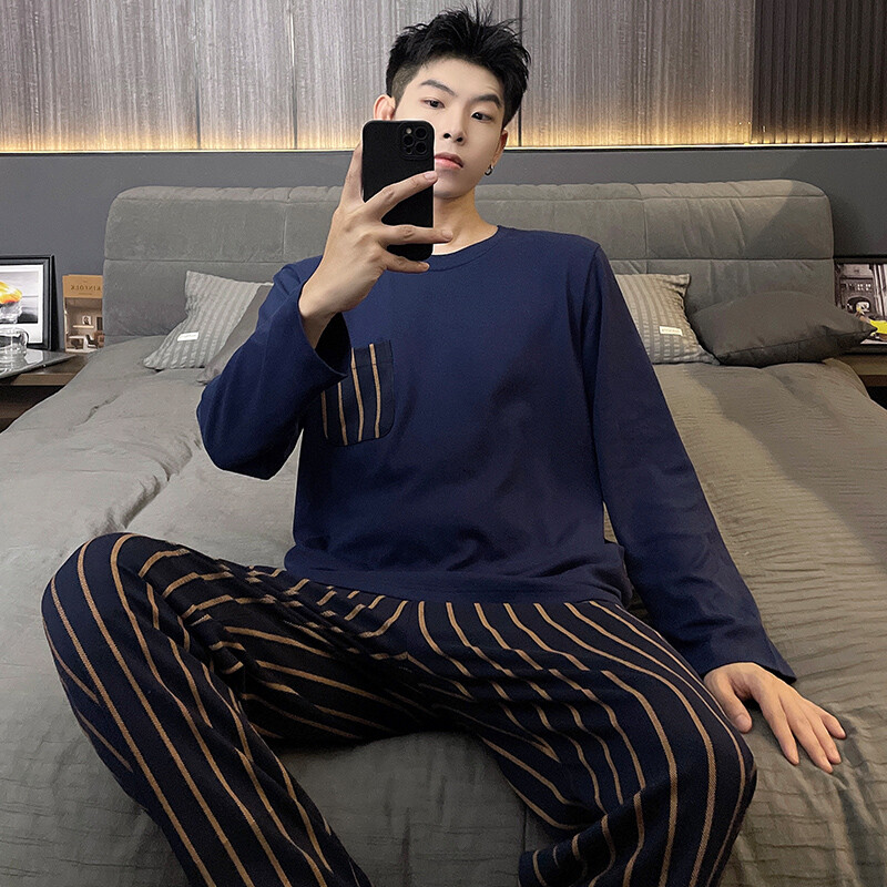 Pavasario naujos medvilnės vyriškos pižamos laisvalaikio ilgos viršutinės kelnių komplektai pižamos solidūs vyriški miegui Pižamos namų drabužiai mada Pjs Homme