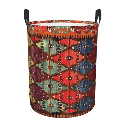 Coș de rufe Kilim turcesc personalizat, coș mare de depozitare pentru haine, artă etnică boemă, organizator de coș de jucării pentru creșă