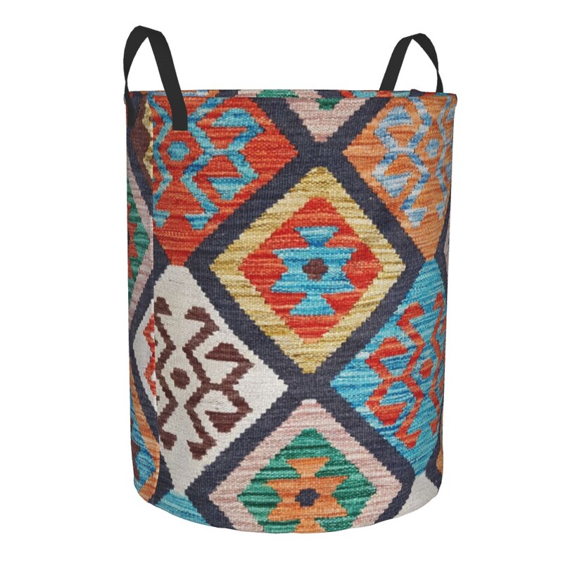 Coș de rufe Kilim turcesc personalizat, coș mare de depozitare pentru haine, artă etnică boemă, organizator de coș de jucării pentru creșă