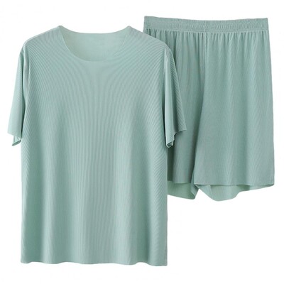 Set de îmbrăcăminte pentru bărbați Set de pijamale pentru bărbați, cu gâtul O, cu mâneci scurte, cu talie elastică, cu pantaloni lați, set de pantaloni scurți, de mătase de gheață, haine pentru bărbați.