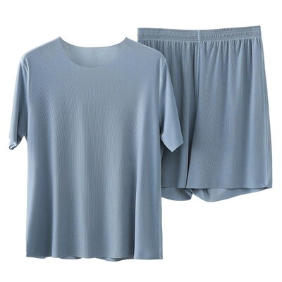 Set de îmbrăcăminte pentru bărbați Set de pijamale pentru bărbați, cu gâtul O, cu mâneci scurte, cu talie elastică, cu pantaloni lați, set de pantaloni scurți, de mătase de gheață, haine pentru bărbați.
