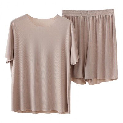 Set de îmbrăcăminte pentru bărbați Set de pijamale pentru bărbați, cu gâtul O, cu mâneci scurte, cu talie elastică, cu pantaloni lați, set de pantaloni scurți, de mătase de gheață, haine pentru bărbați.