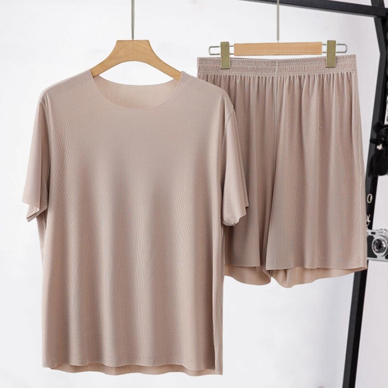 Set de îmbrăcăminte pentru bărbați Set de pijamale pentru bărbați, cu gâtul O, cu mâneci scurte, cu talie elastică, cu pantaloni lați, set de pantaloni scurți, de mătase de gheață, haine pentru bărbați.
