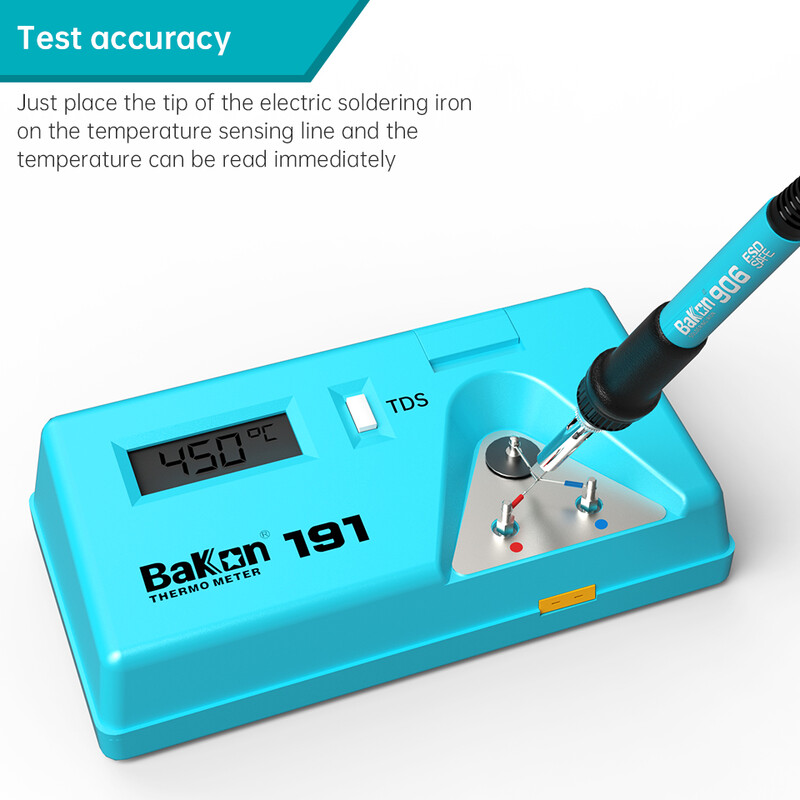 Teplomer s hrotom spájkovačky Bakon BK191, vhodný pre bezolovnaté spájkovanie, digitálny LCD displej, meranie teploty 0-600 stupňov