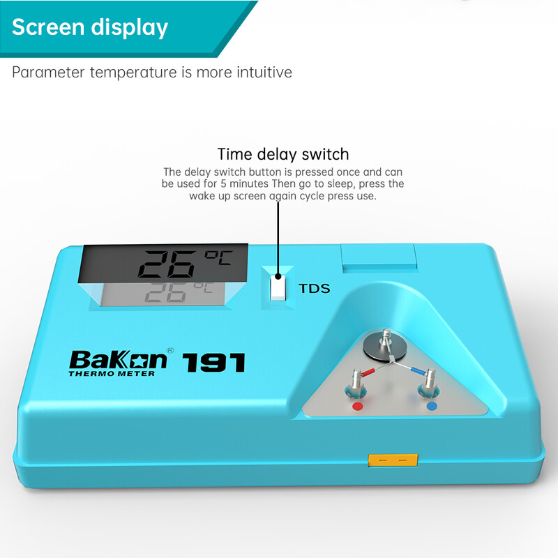 Teplomer s hrotom spájkovačky Bakon BK191, vhodný pre bezolovnaté spájkovanie, digitálny LCD displej, meranie teploty 0-600 stupňov