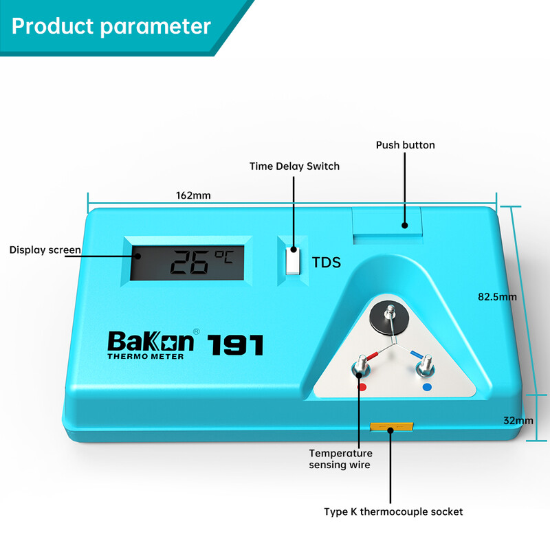 Teplomer s hrotom spájkovačky Bakon BK191, vhodný pre bezolovnaté spájkovanie, digitálny LCD displej, meranie teploty 0-600 stupňov