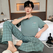 Мъжки нови летни памучни пижами с къс ръкав Тънки летни връхни дрехи Костюм за домашни дрехи Леки удобни памучни панталони