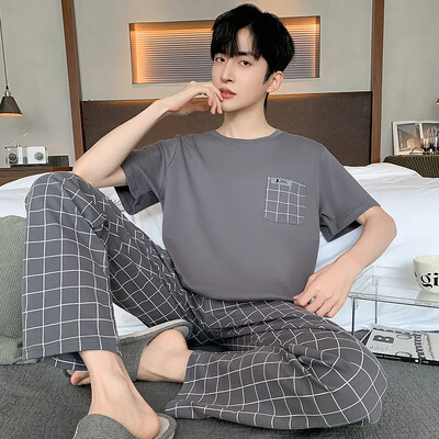 Мъжки нови летни памучни пижами с къс ръкав Тънки летни връхни дрехи Костюм за домашни дрехи Леки удобни памучни панталони