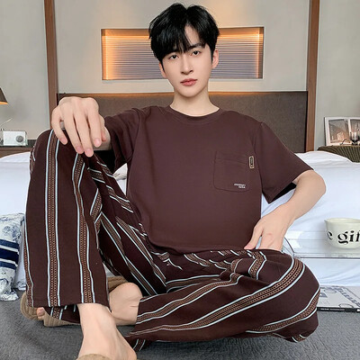 Мъжки нови летни памучни пижами с къс ръкав Тънки летни връхни дрехи Костюм за домашни дрехи Леки удобни памучни панталони