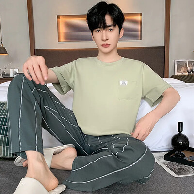 Мъжки нови летни памучни пижами с къс ръкав Тънки летни връхни дрехи Костюм за домашни дрехи Леки удобни памучни панталони