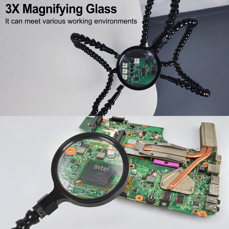 Toolour Helping Hands Spájkovací nástroj Tretie ruky Spájkovacie flexibilné ramená s 3-násobnou lupou Upínacia základňa Zvárací držiak PCB