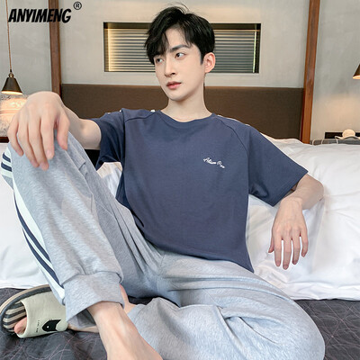 Hétköznapi hálóruha férfinak L-4XL nyári pamut, plusz méretű férfi pizsama elegáns, egyszerű stílusú szabadidős pizsamakészlet fiúknak, divatos nadrágok