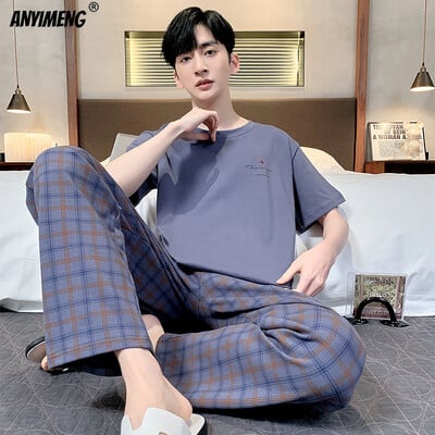 Hétköznapi hálóruha férfinak L-4XL nyári pamut, plusz méretű férfi pizsama elegáns, egyszerű stílusú szabadidős pizsamakészlet fiúknak, divatos nadrágok