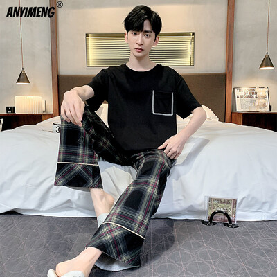 Hétköznapi hálóruha férfinak L-4XL nyári pamut, plusz méretű férfi pizsama elegáns, egyszerű stílusú szabadidős pizsamakészlet fiúknak, divatos nadrágok