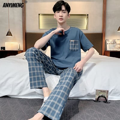 Hétköznapi hálóruha férfinak L-4XL nyári pamut, plusz méretű férfi pizsama elegáns, egyszerű stílusú szabadidős pizsamakészlet fiúknak, divatos nadrágok