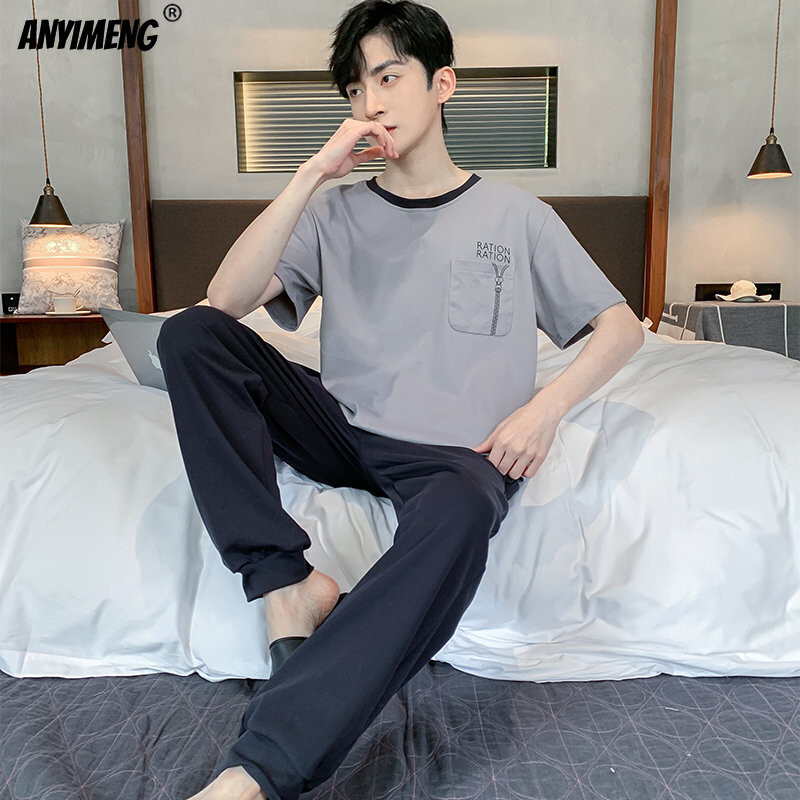 Hétköznapi hálóruha férfinak L-4XL nyári pamut, plusz méretű férfi pizsama elegáns, egyszerű stílusú szabadidős pizsamakészlet fiúknak, divatos nadrágok