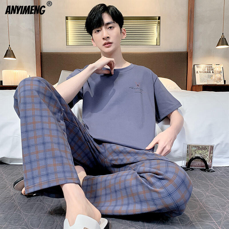 Hétköznapi hálóruha férfinak L-4XL nyári pamut, plusz méretű férfi pizsama elegáns, egyszerű stílusú szabadidős pizsamakészlet fiúknak, divatos nadrágok