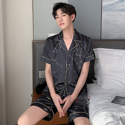 M-5XL Vyriška vasarinė pižama vyrui Didelio dydžio šilkinė vyriška pižama su šortais kelnėmis Satininiai miegui Pižamos Pižama Mujer pižama