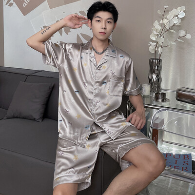 M-5XL Vyriška vasarinė pižama vyrui Didelio dydžio šilkinė vyriška pižama su šortais kelnėmis Satininiai miegui Pižamos Pižama Mujer pižama