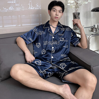 M-5XL Vyriška vasarinė pižama vyrui Didelio dydžio šilkinė vyriška pižama su šortais kelnėmis Satininiai miegui Pižamos Pižama Mujer pižama