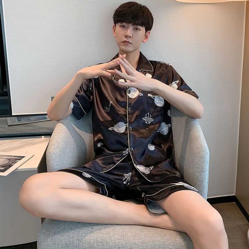 M-5XL Vyriška vasarinė pižama vyrui Didelio dydžio šilkinė vyriška pižama su šortais kelnėmis Satininiai miegui Pižamos Pižama Mujer pižama