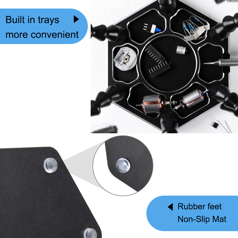 NEWACALOX 6PCS lanksčių rankų litavimo trečiasis pagalbinis stovas PCB grandinės plokštės laikiklis aliuminio lydinio pagrindo suvirinimo įrankiai