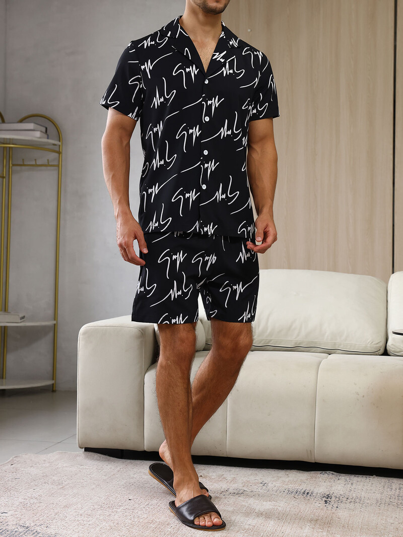 2024 Pijamale de acasă imprimate la modă pentru bărbați Pijamale cu litere imprimate Set pijamale negre