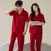 Páros hálóruha öltöny nyári édes ünnepi piros színű rövid ujjú pizsama modális pamut otthoni ruházat férfi nagy udvarok 4XL pizsama hombre