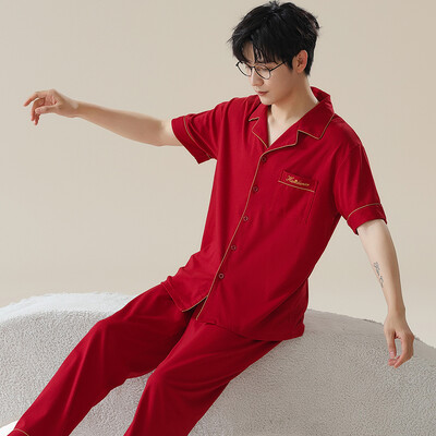 Páros hálóruha öltöny nyári édes ünnepi piros színű rövid ujjú pizsama modális pamut otthoni ruházat férfi nagy udvarok 4XL pizsama hombre