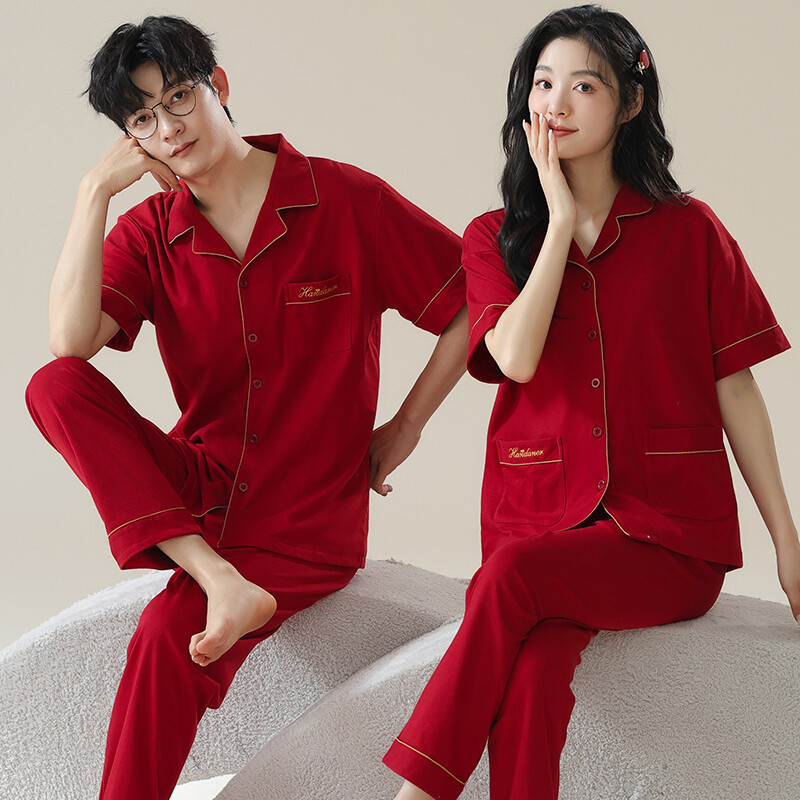 Páros hálóruha öltöny nyári édes ünnepi piros színű rövid ujjú pizsama modális pamut otthoni ruházat férfi nagy udvarok 4XL pizsama hombre