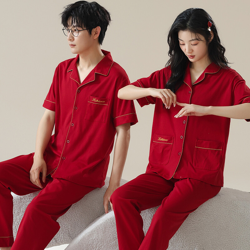 Páros hálóruha öltöny nyári édes ünnepi piros színű rövid ujjú pizsama modális pamut otthoni ruházat férfi nagy udvarok 4XL pizsama hombre