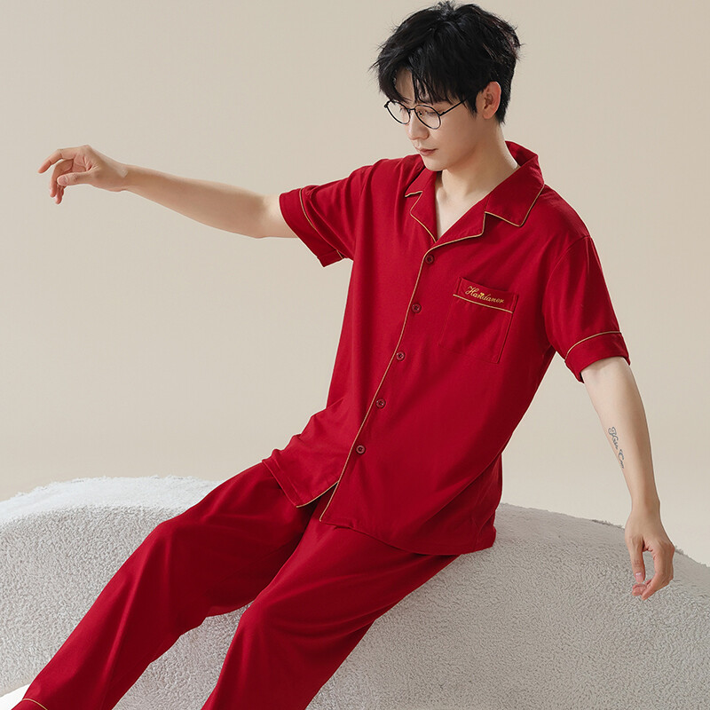 Páros hálóruha öltöny nyári édes ünnepi piros színű rövid ujjú pizsama modális pamut otthoni ruházat férfi nagy udvarok 4XL pizsama hombre