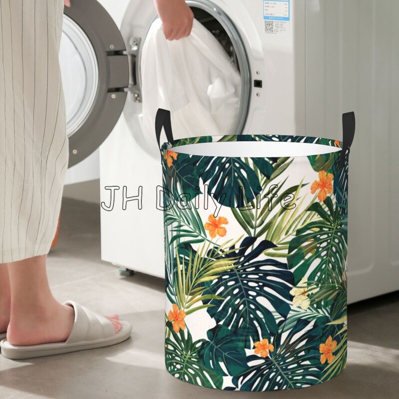 Pálmalevelek és hibiszkuszvirágok, kerek ruhaneműk akadályozzák a trópusi ananászokat Tárolókosár Játékok Ruharendező láda otthonra