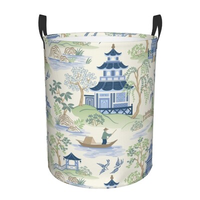Individualizuotos Golden Pagoda Chinoiserie skalbinių krepšelis Vintažinio rytietiško gluosnio rašto drabužių užsegimas darželio vaikams žaislų laikymo dėžė