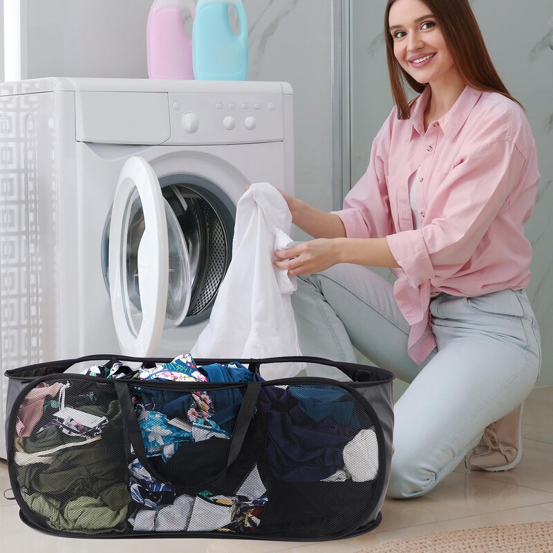 Mrežasta skočna košara za rublje, 3 odjeljka, horizontalna, sklopiva, razvrstljiva košara za rublje za odjeću, praonica, igračke, putovanja