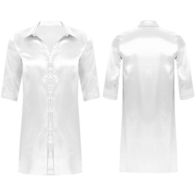 Vyriški šilkiniai atlasiniai marškiniai Ilgi poilsio drabužiai, apverčiama apykakle su puse rankovių, užsegama pižama Viršutiniai lenktais kraštais miegui skirti drabužiai „Sissy“ namų drabužiai