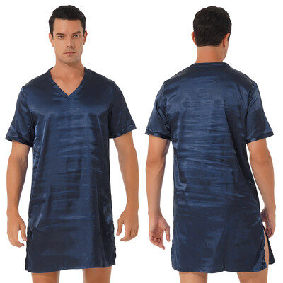 Pánske hodvábne saténové nočné košele na spanie, jednofarebné krátke rukávy na spanie, nočná košeľa, pyžamo, nočné prádlo, domáce oblečenie, spoločenské oblečenie